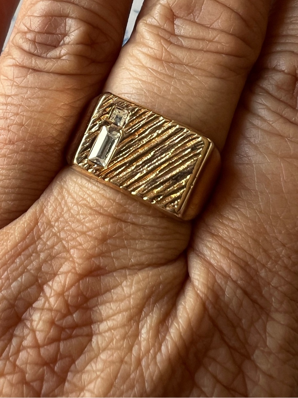 Mens Ring Size 9.5 Gold Textured Baguette CZ Signet Ring #956